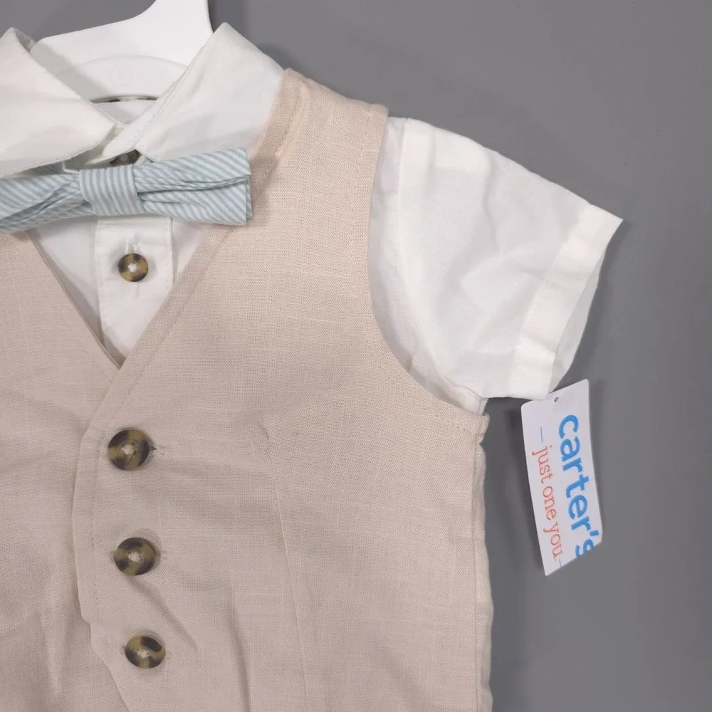 CARTERS Baby Boys New 4 Pc Outfit Set Vest Shorts Romper 6M Beige &‎ White